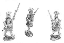 Infantry in Tricorn Advancing, collarless coat, ribbon, gourd